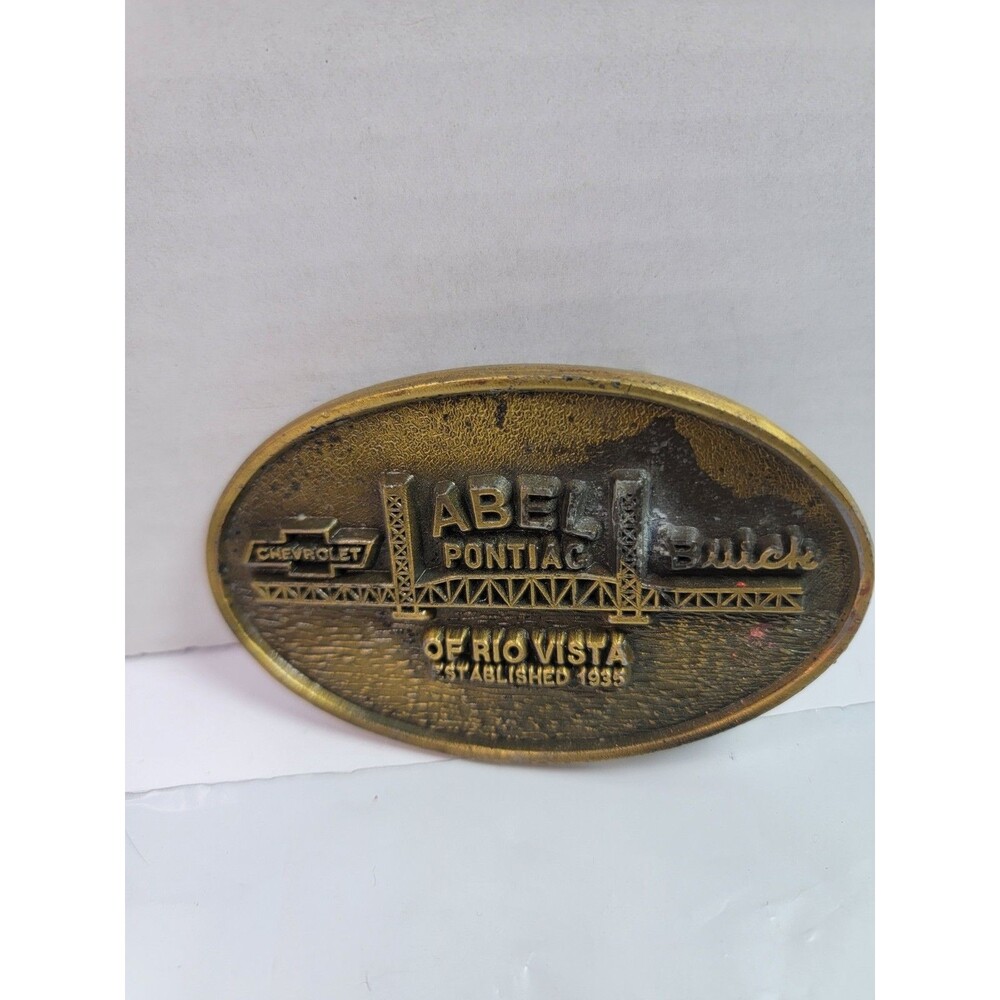 Vintage Abel Chevrolet Pontiac Buick Rio Vista CA Brass Belt Buckle 1980s